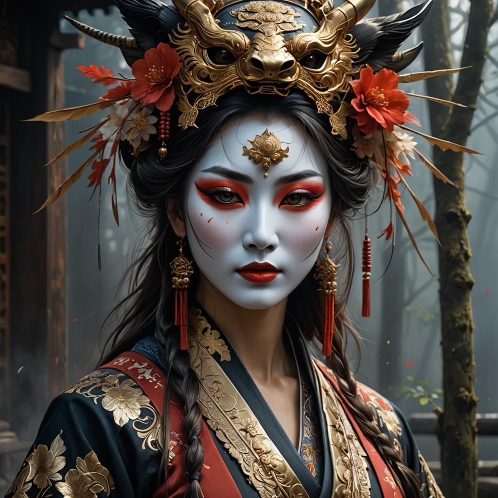Woman in Japanese Mask: Detailed Matte Painting
