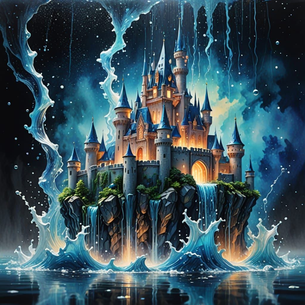 Ethereal Water Castle in Cosmic Atmosphere