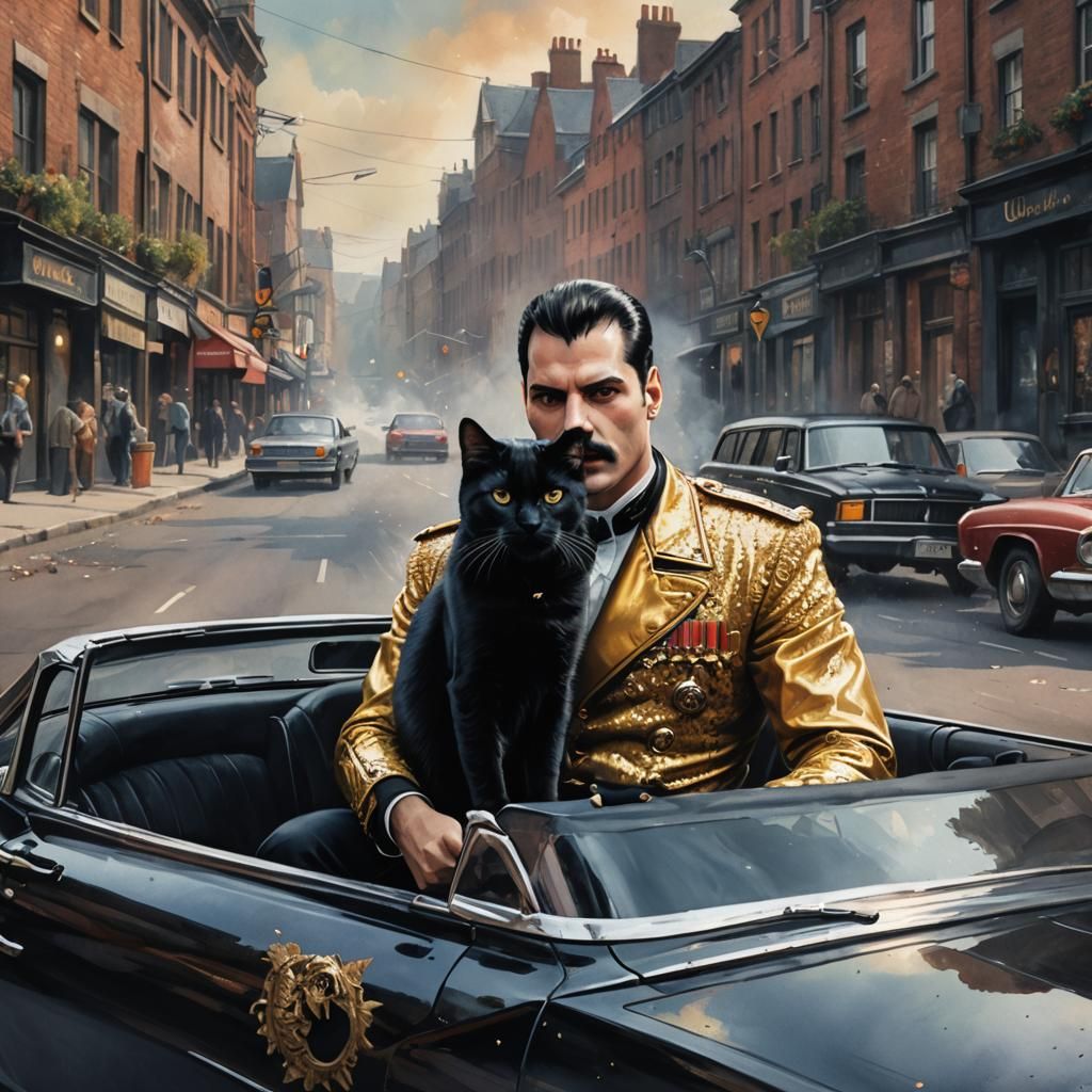 Freddie Mercury and Black Cat in Watercolor Style