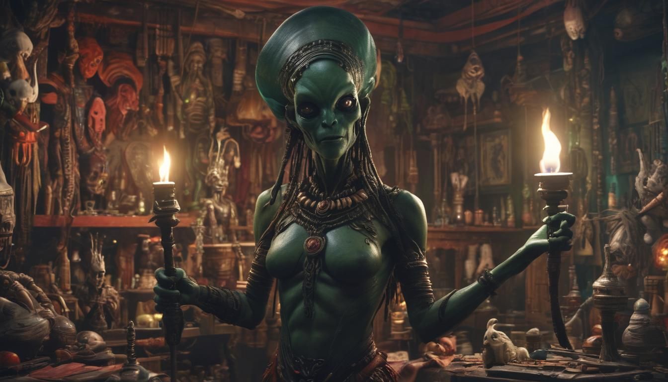 Alien Voodoo Priestess at Work in Alphonse Mucha Style