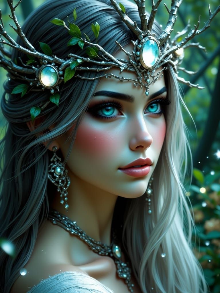 Regal Fey Queen in Moonlit Forest Glade