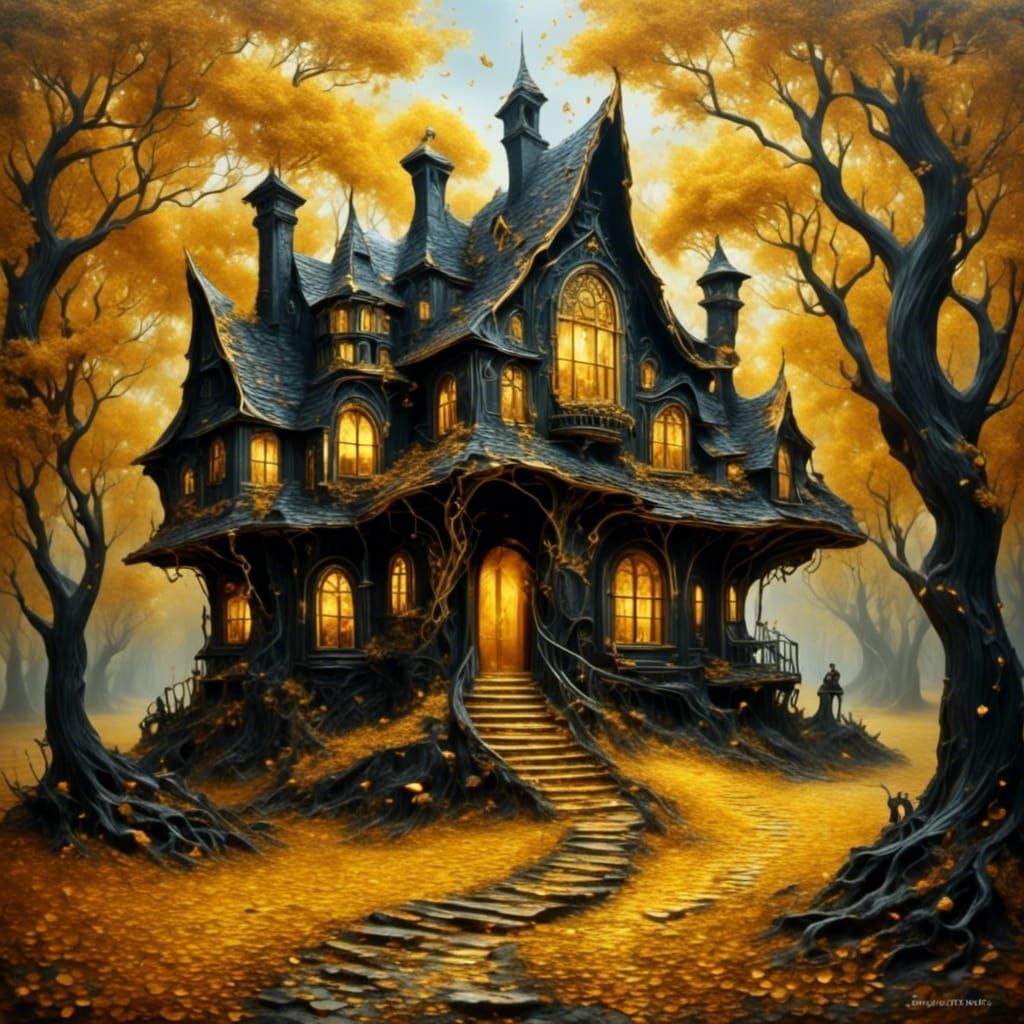 Black house in the yellow forest