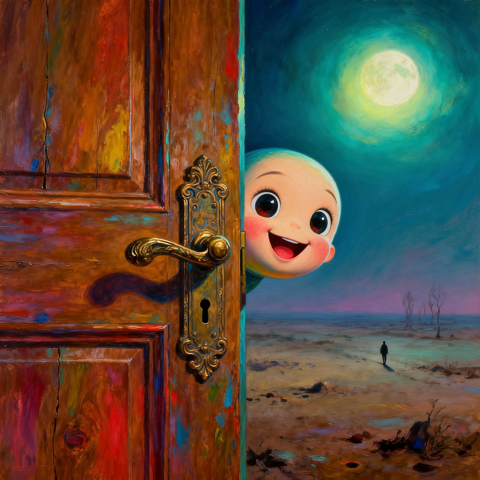 Surrealist Chibi Face Emerges From Antique Door in Dreamlike...