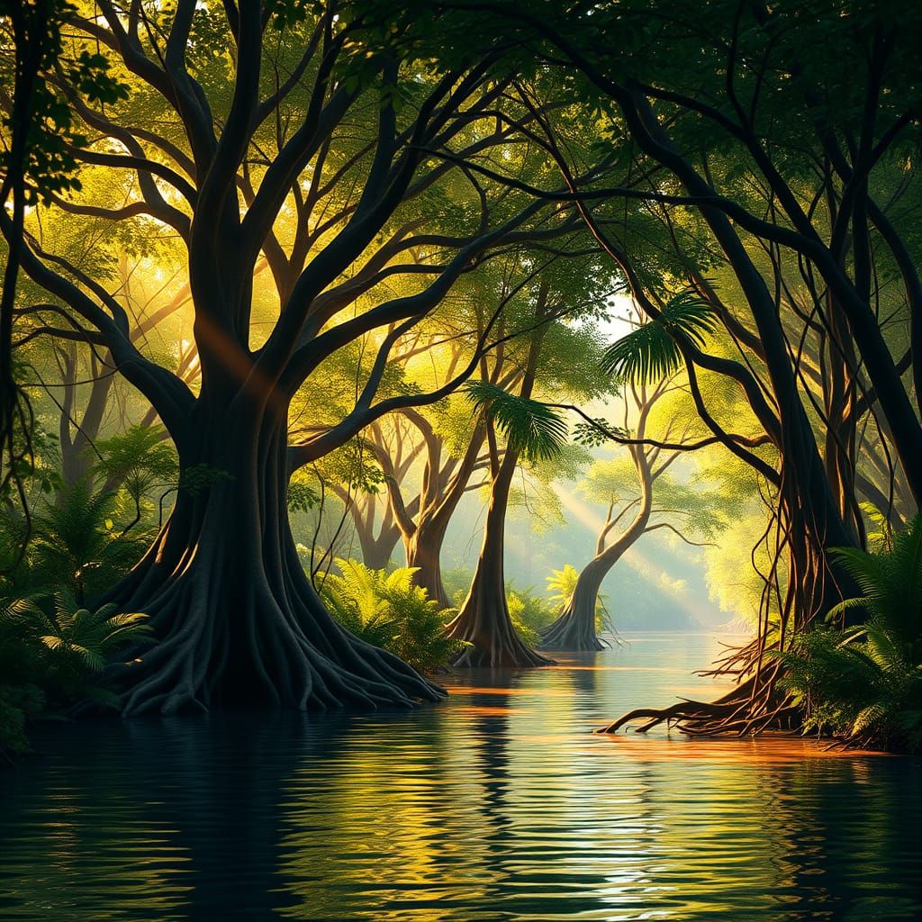 A serene mangrove forest bathed in golden sunlight, with intricate tree roots extending into a tranquil river. Dense gre...