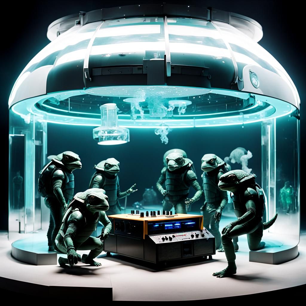 A huge lab with cryogenically preserved turtle aliens. Table...