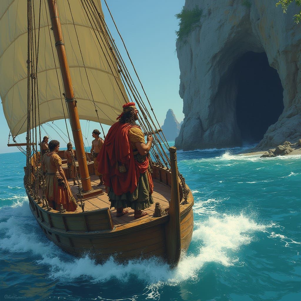 Greek Explorer Navigates to Rocky Island in Fantasy Style