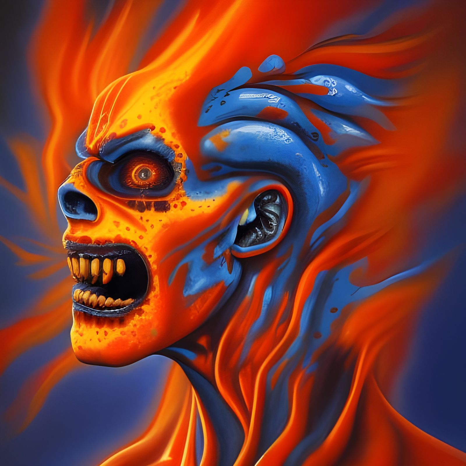 Fiery Face Digital Painting with Skulls