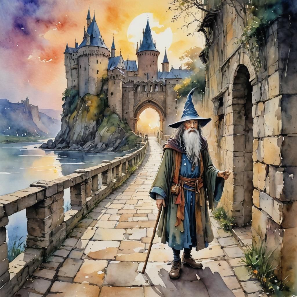 Wizard Traveler: Abstract Watercolor Fantasy City