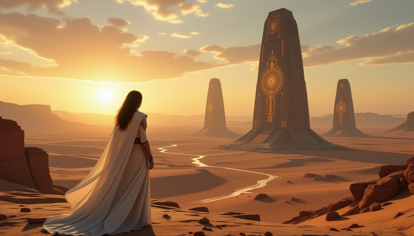 Lone Woman Overlooks Alien Desert at Binary Sunset