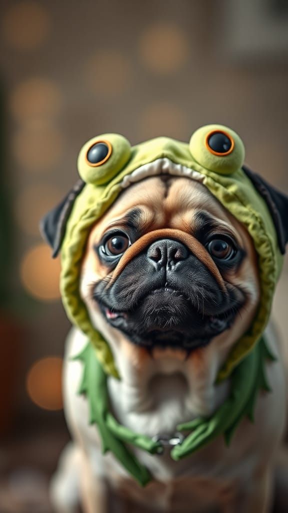 Hyperrealistic Pug in Frog Costume, Studio Portrait