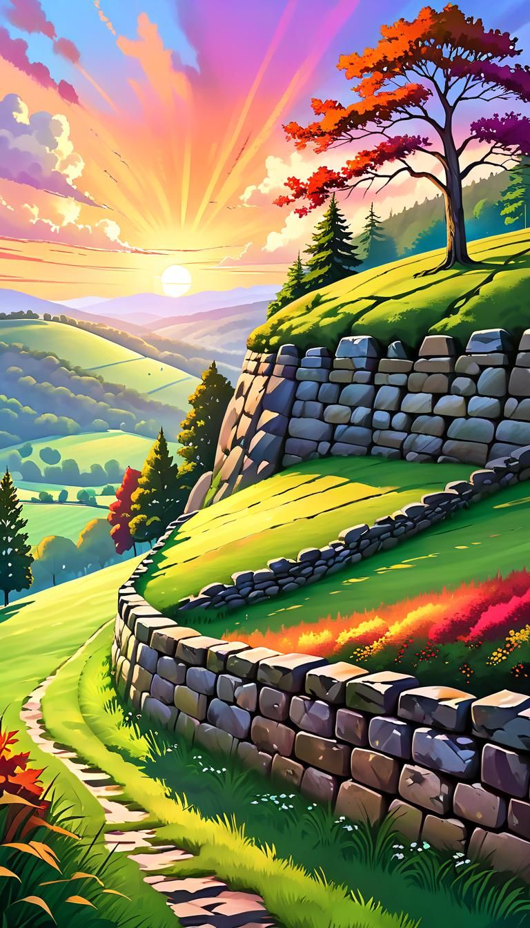 Picturesque Sunset Over Lush Hillside Stone Wall