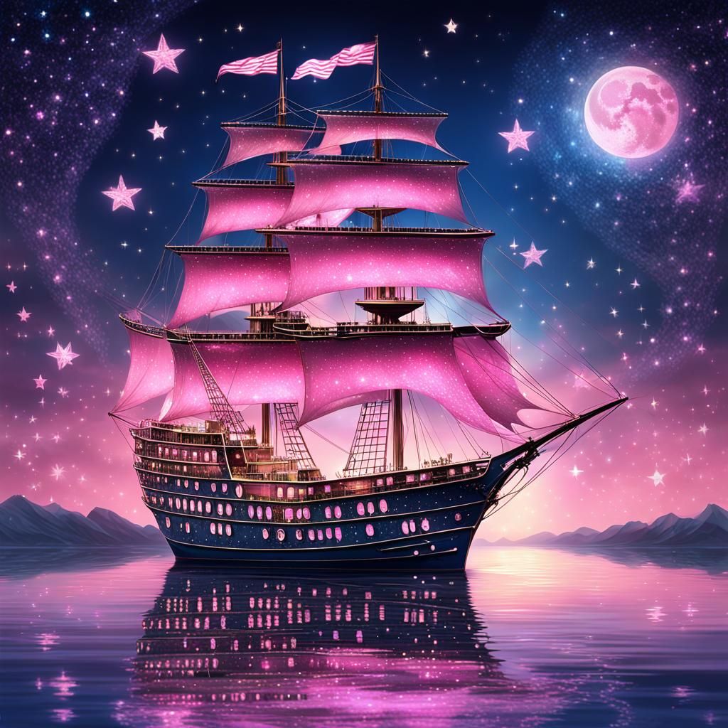 Sparkly Ship Sails Through Starry Night Sky