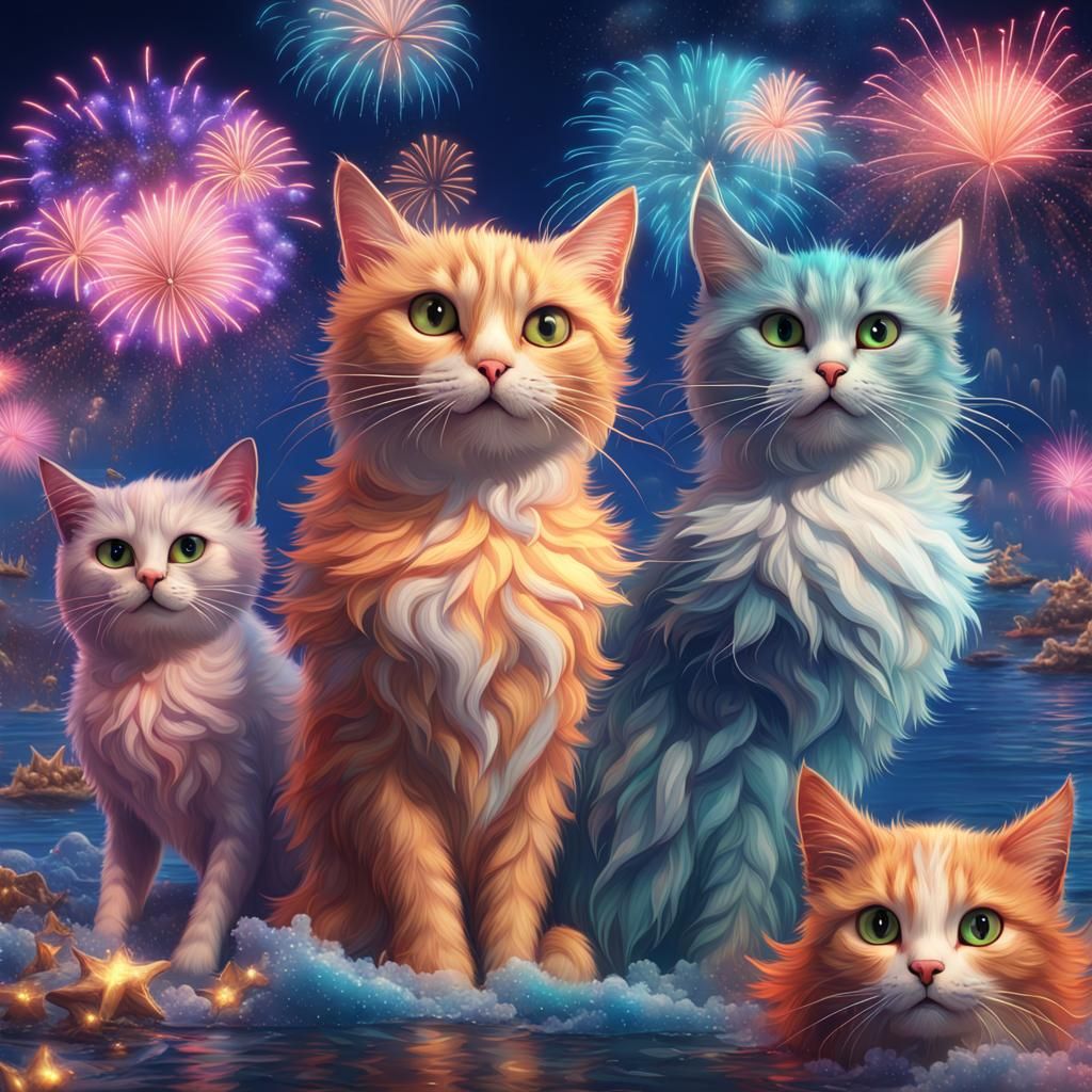 Fantastical Ocean Party with Fireworks and Cats