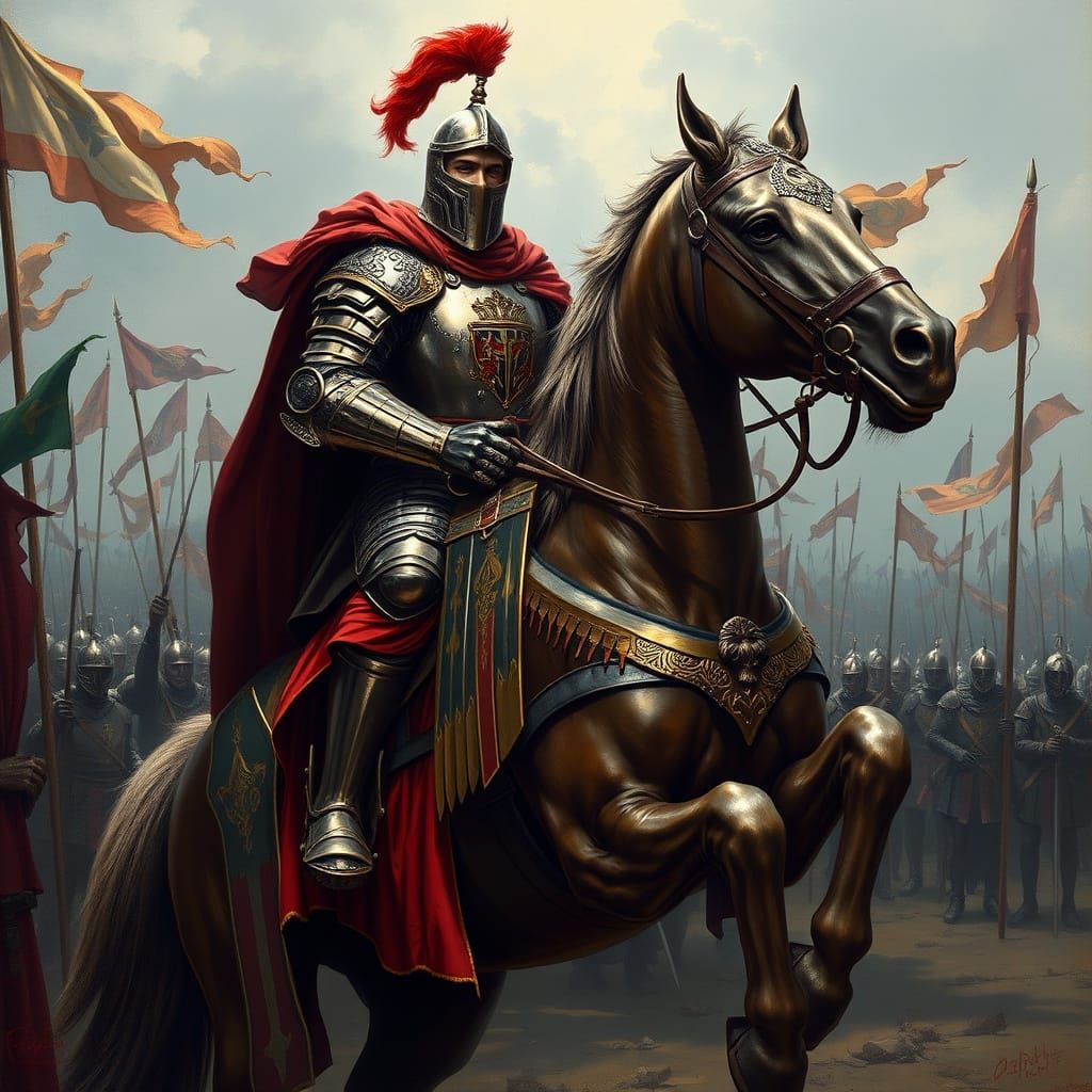 Medieval Knight in Ornate Armor Rides Warhorse to Battle