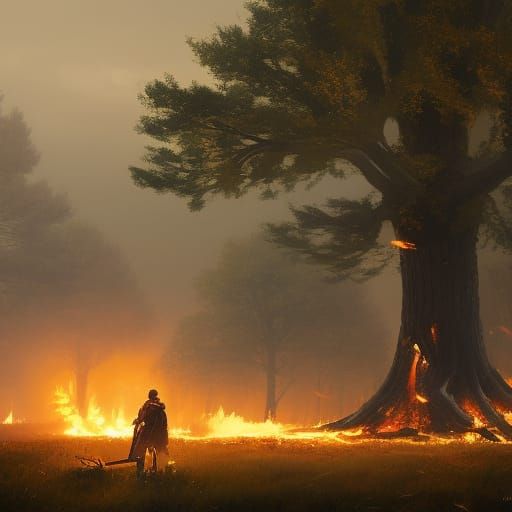 Lumberjack Cutting Fiery Tree in 4K