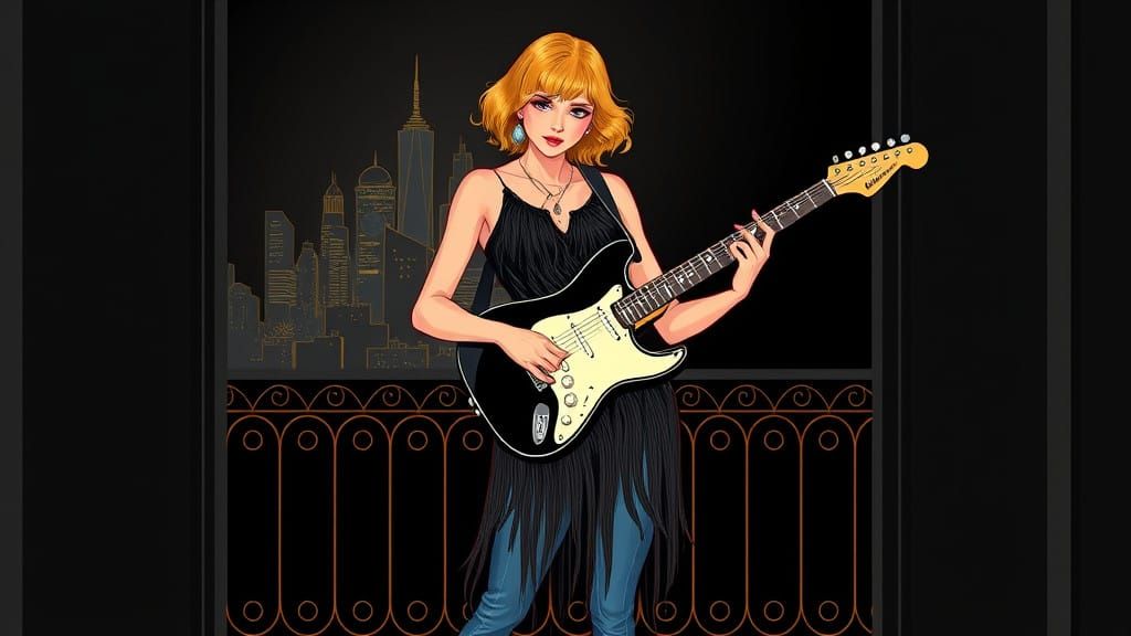 Glamorous Flapper Girl Plays Guitar in Art Deco Style