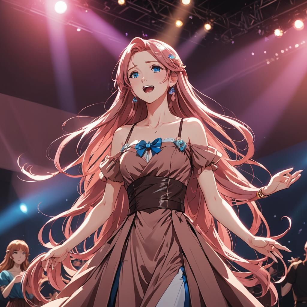 Anime Girl Singing On Stage in Cel-Shaded Style