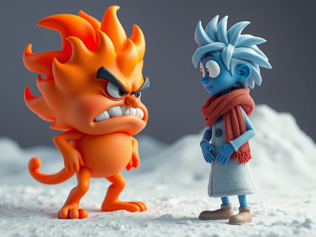 Chubby Orange Flame Miser Confronts Icey Blue Snow Miser