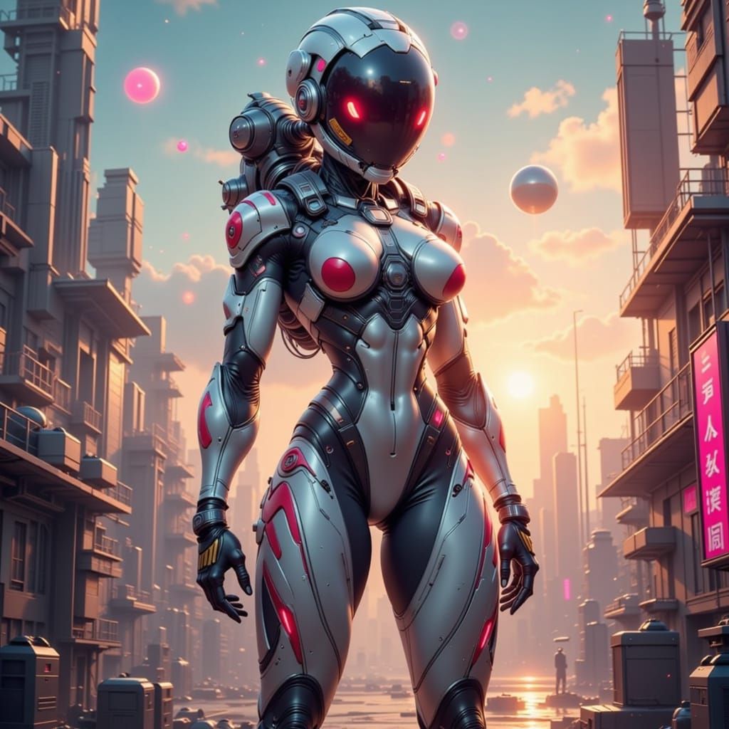 Cyborg Astronaut in Retro-Futuristic Cityscape