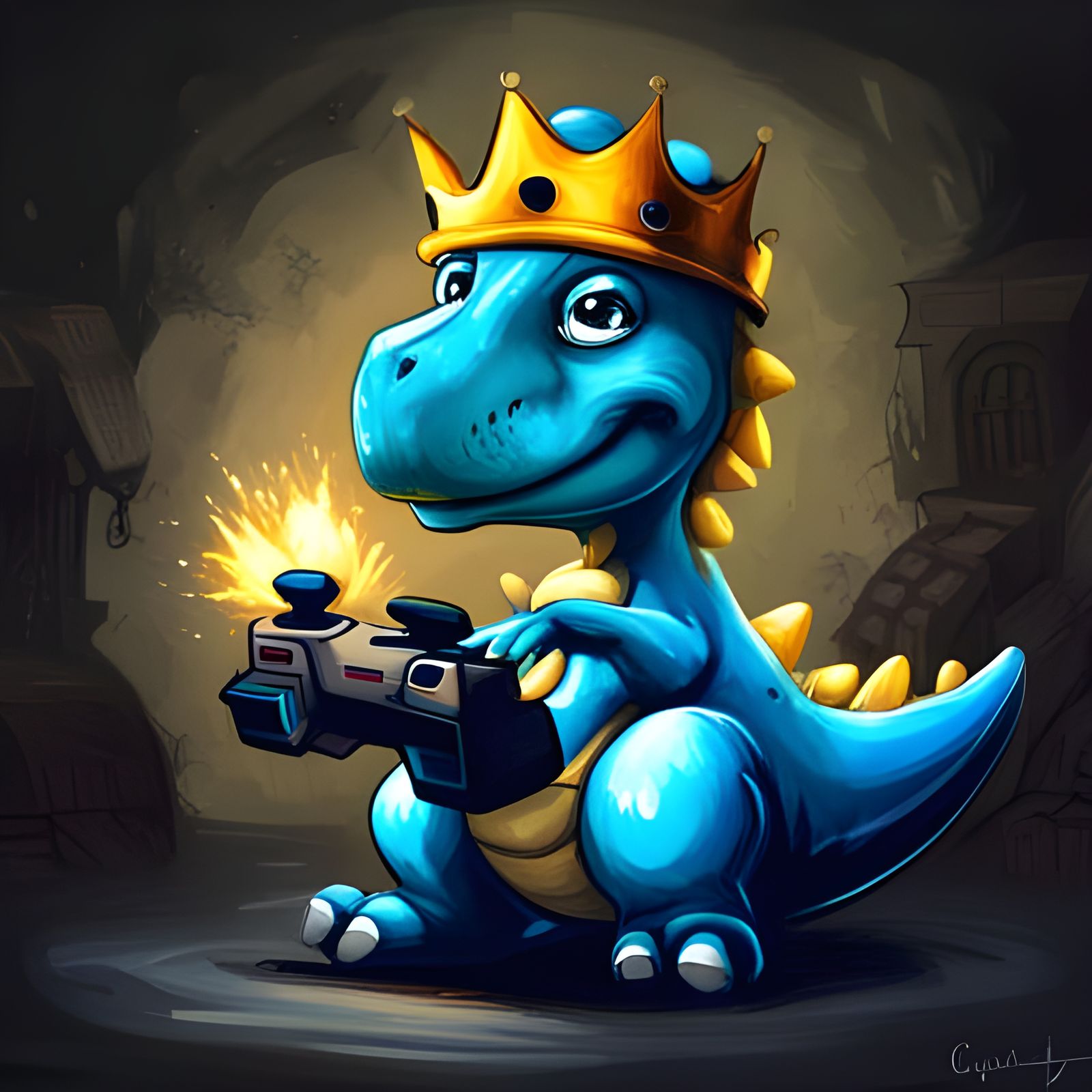 Blue Dinosaur King Plays Video Games as Graffiti Art