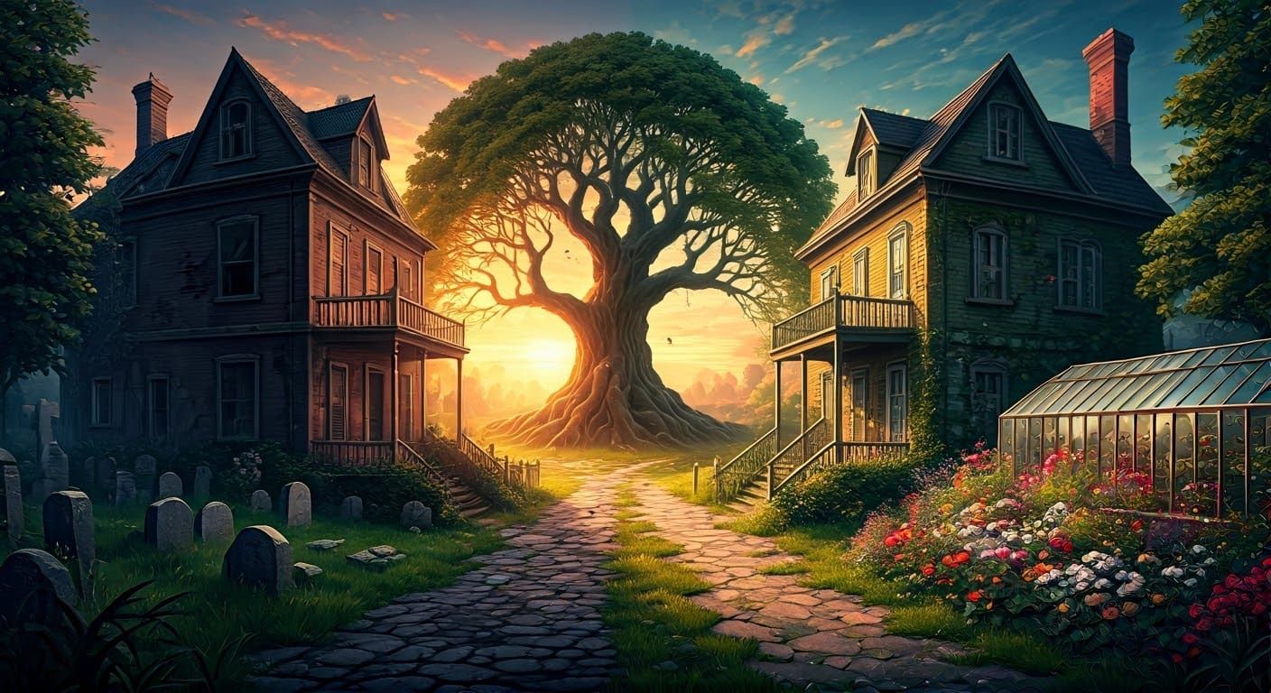 Contrasting Houses with Magical Tree at Sunset