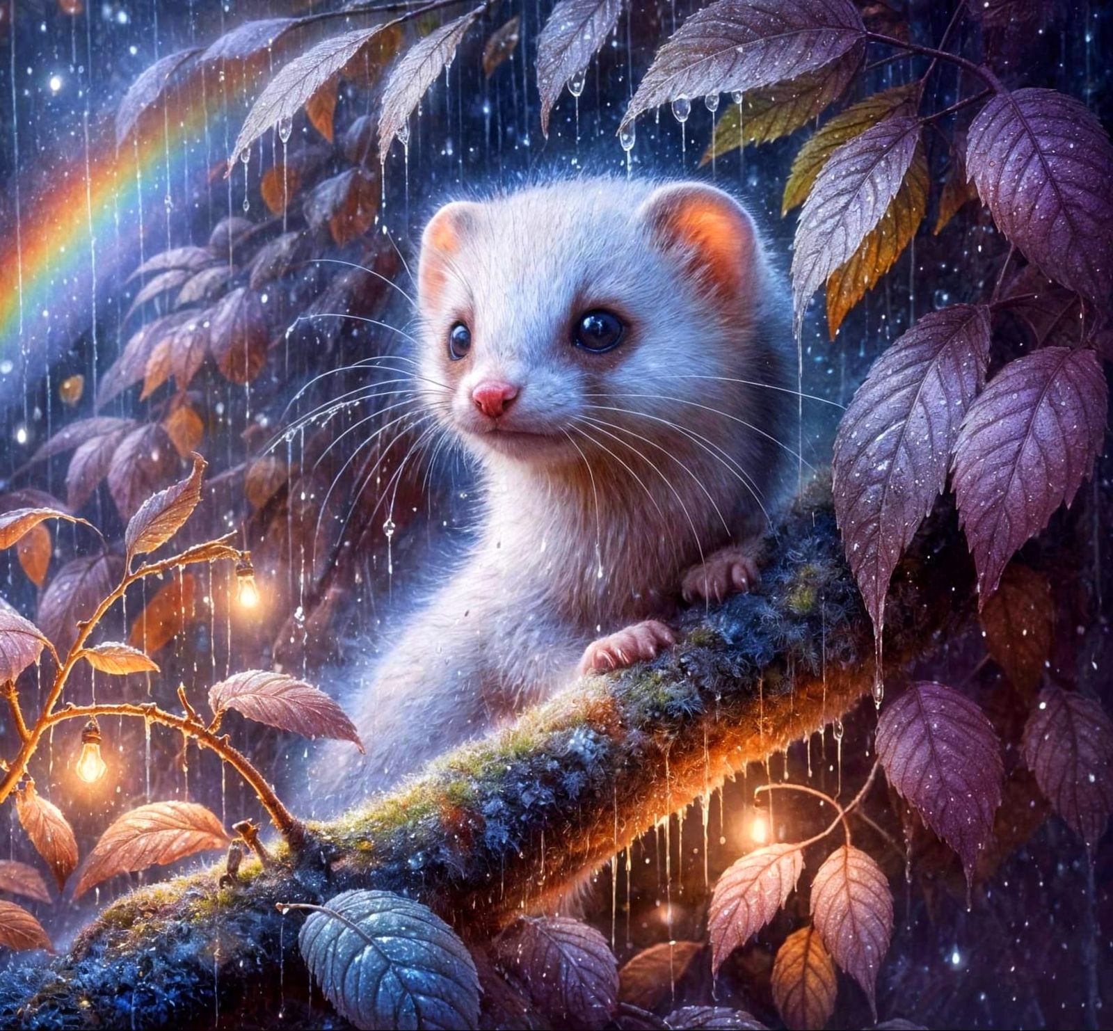 Weasel in Enchanted Rainy Forest with Fairy Lights