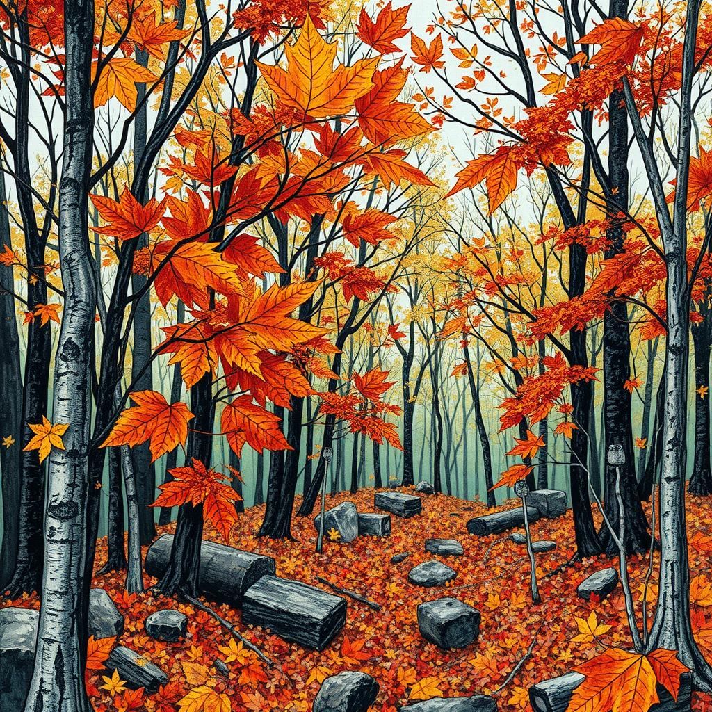 Eccentric Autumn Forest in Mixed Media Collage