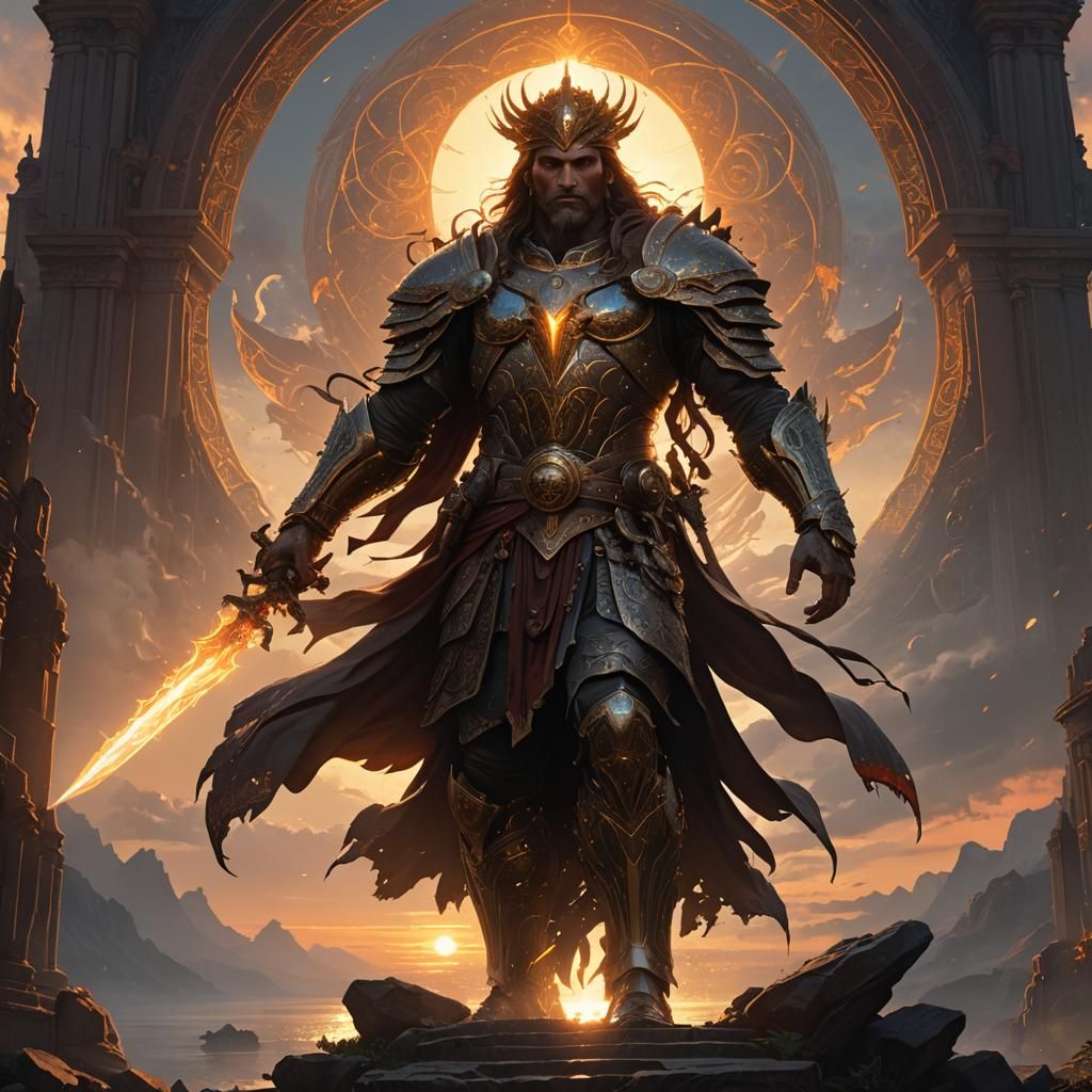 Young God of Dawn with Sunrise: Dark Fantasy Art