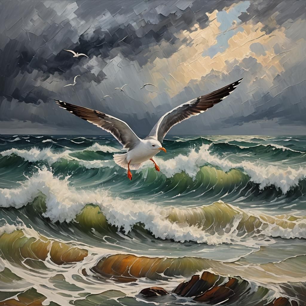 Seagull in Storm: Impasto Painting of Wild Weather