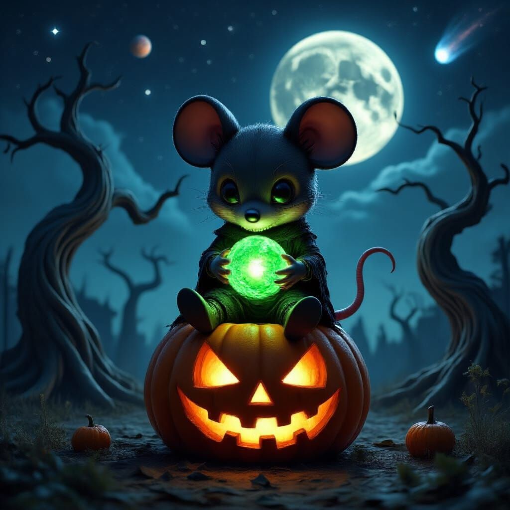 Chibi Mouse with Glowing Orb on Pumpkin