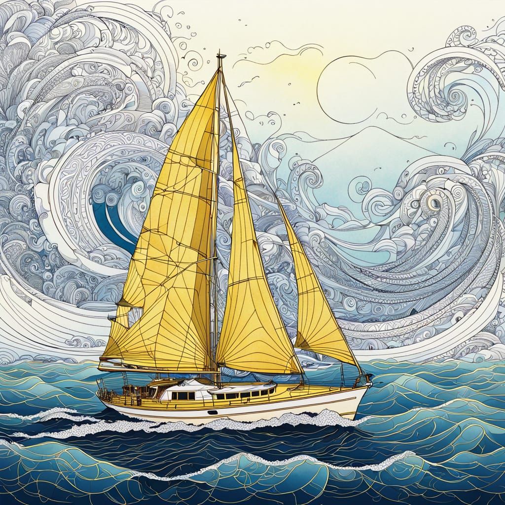 Zentangle Yellow Yacht on Calm Seas Detailed Line Art