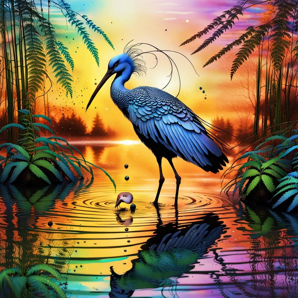 Heron Catching Fish in Windswept Fractal Sunset