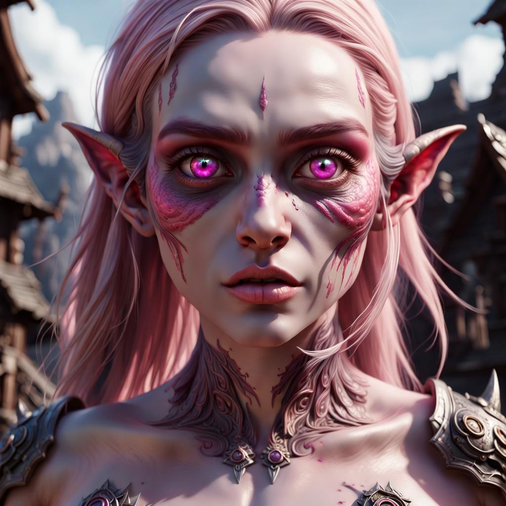 Pink-Eyed Half-Orc Giant in Detailed Matte Painting