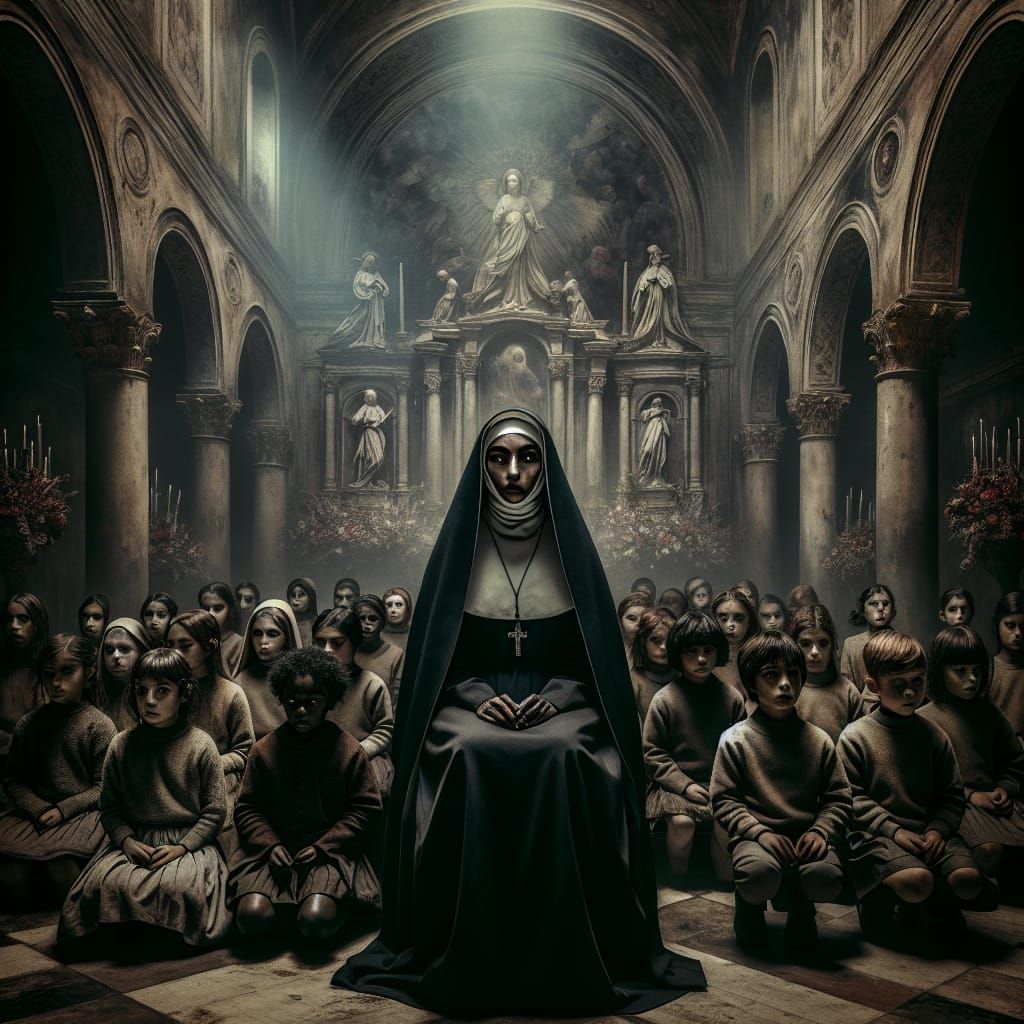 Eerie Lit Middle-Eastern Nun in Gothic Setting