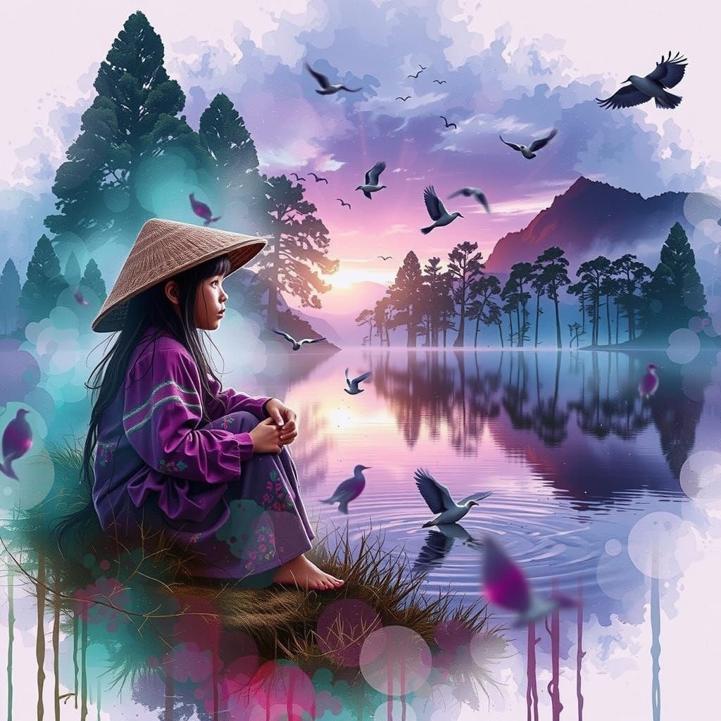 Double Exposure Painting of Girl by Tranquil Lake at Dusk