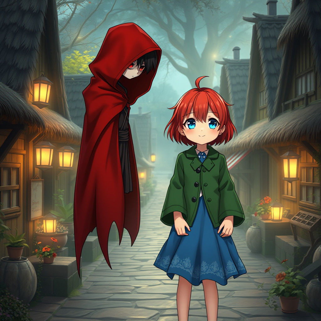 Grim Reaper and Cheerful Girl in Anime Style