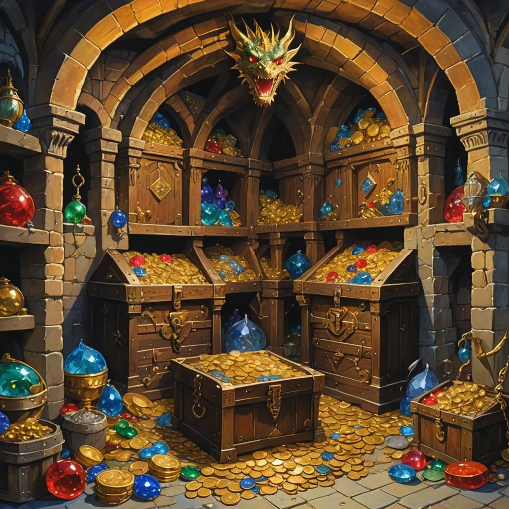 Dragon in Medieval Treasure Chamber: Gouache Watercolor Styl...