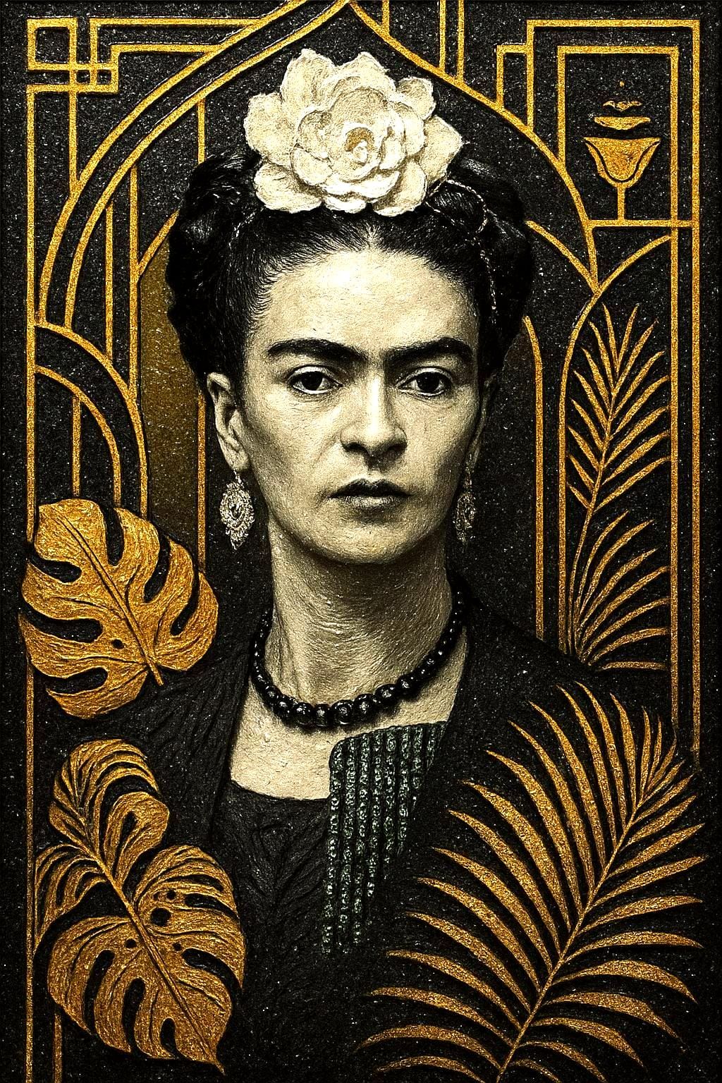 Frida Kahlo in Art Deco Style with Floral Elements
