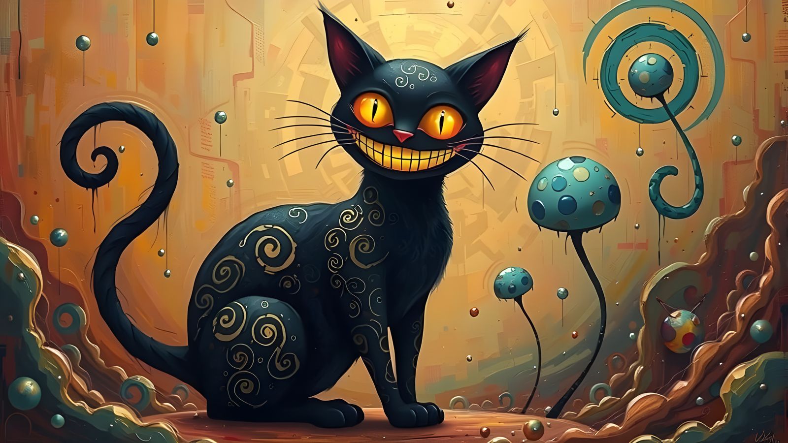 Mischievous Steampunk Cat with Golden Swirls