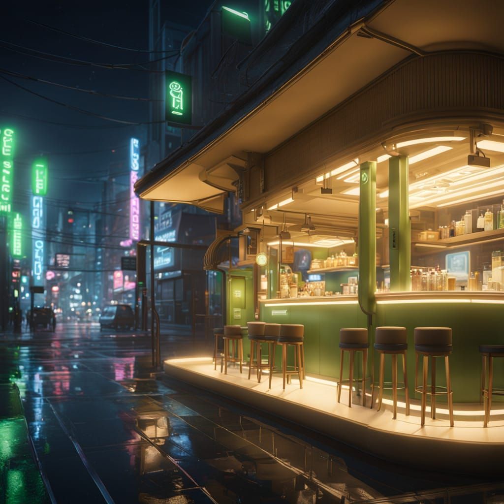 Surreal Nighttime Scene of a Cozy Café Under a Starry Sky