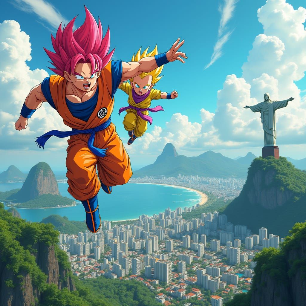 Goku and Vegeta Soar Over Rio de Janeiro in Vibrant Anime-Sc...