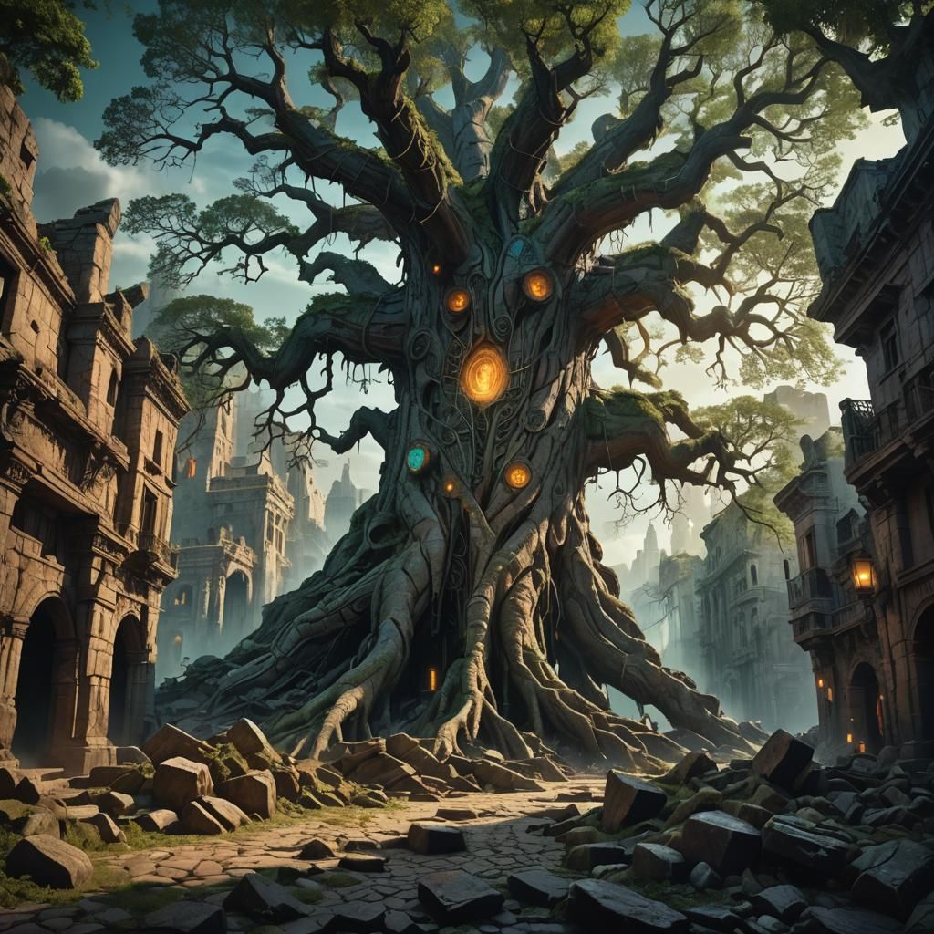 Ancient Tree Towers Over Forgotten City: Fantasy Concept Art