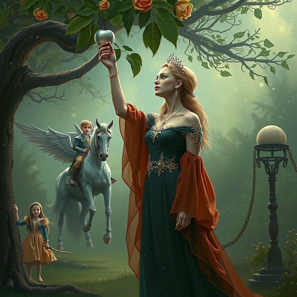 Regal Beauty in an Enchanted Garden Reaches for a Silver App...