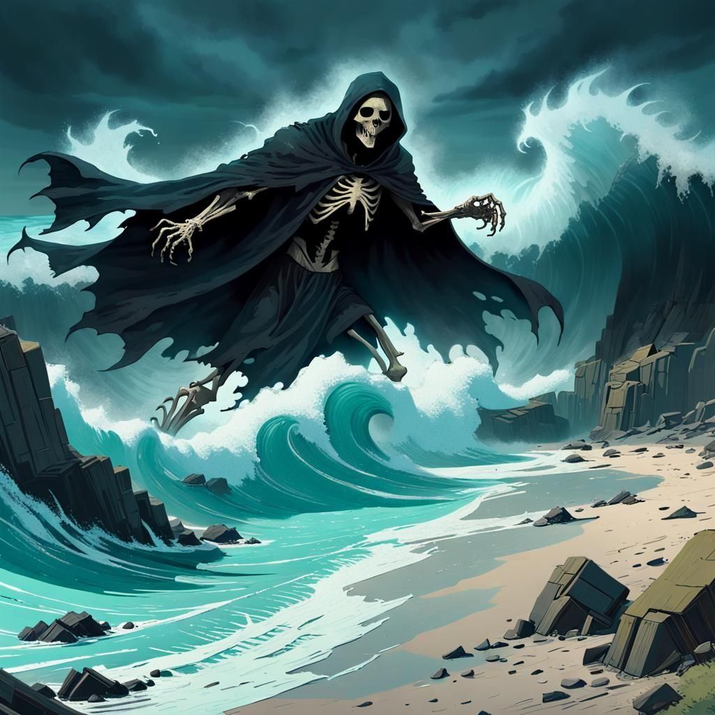 Grim Reaper Emerges from Blazing Ocean