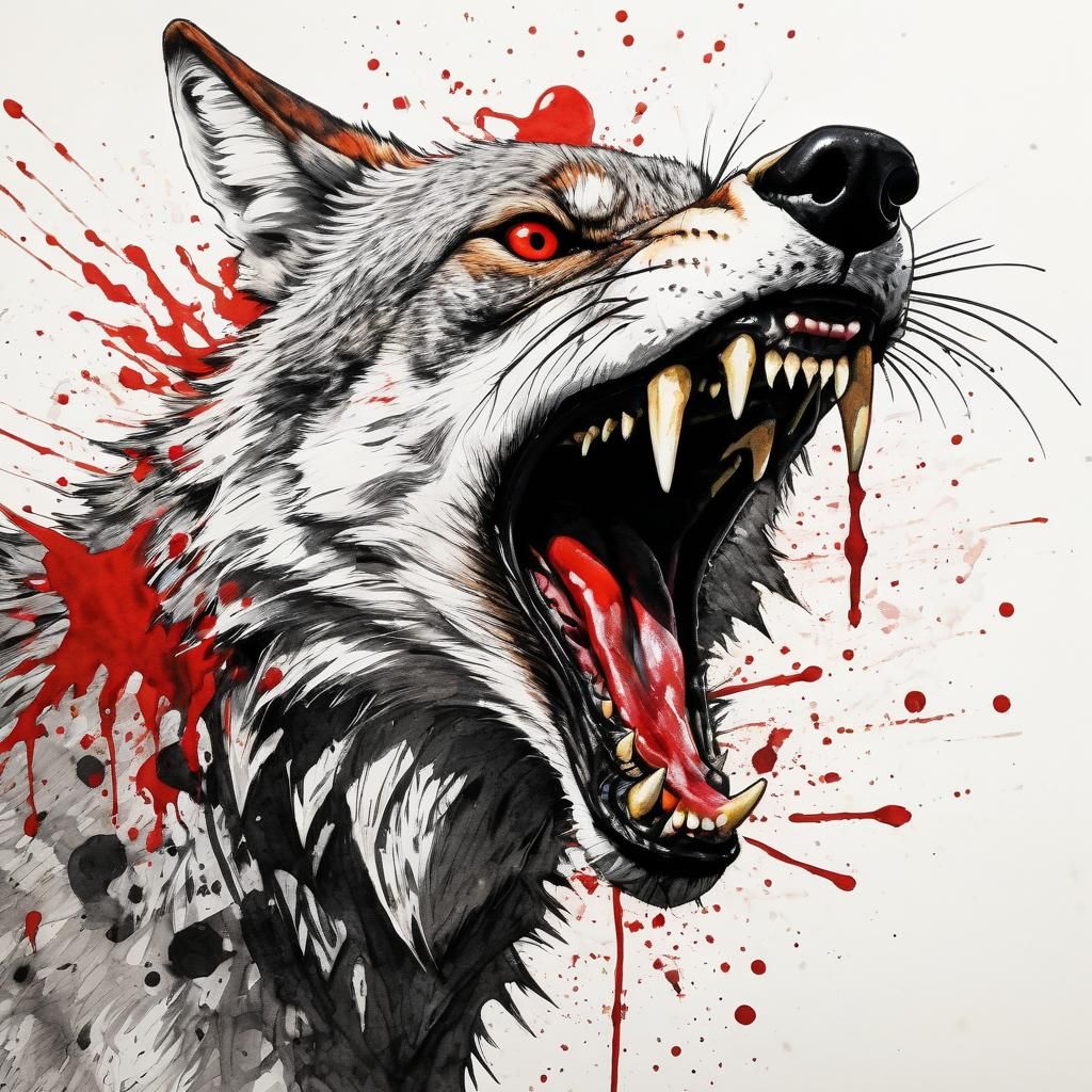 Menacing Rabid Coyote in Ink Rendering