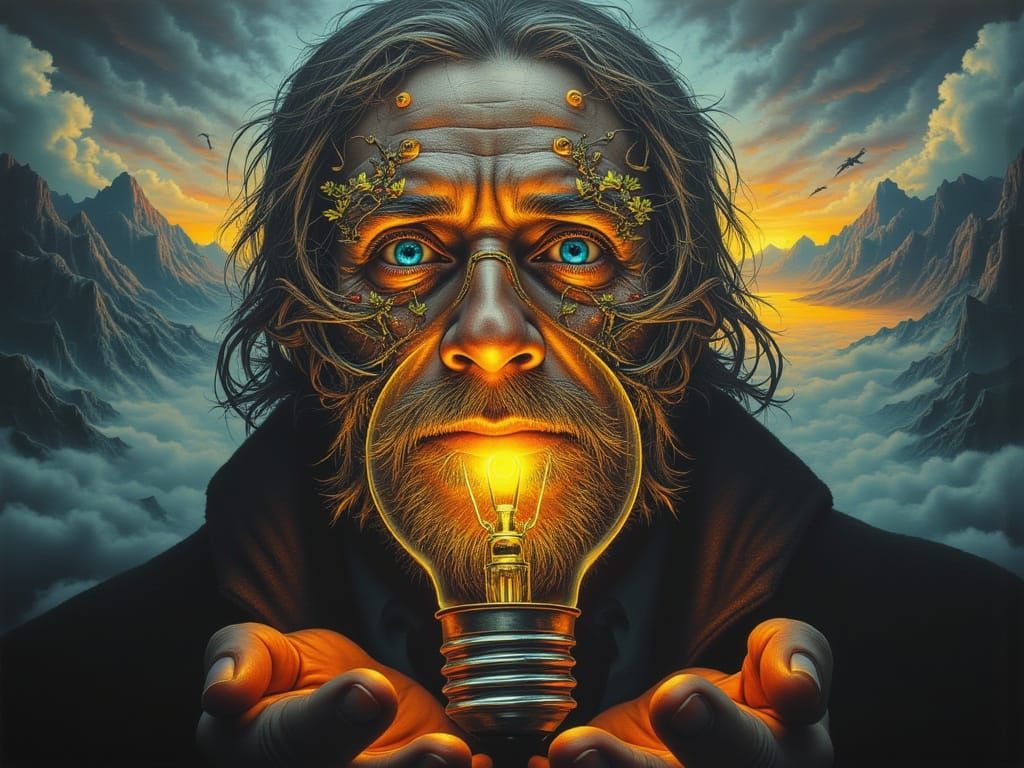 Man Holds Lightbulb With Garden Sunset Inside, Surreal Light...