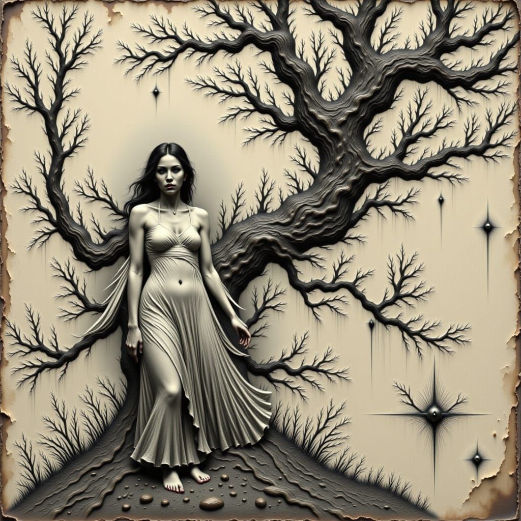 Ethereal Figure on Architectural Sketch in Sepia Haze