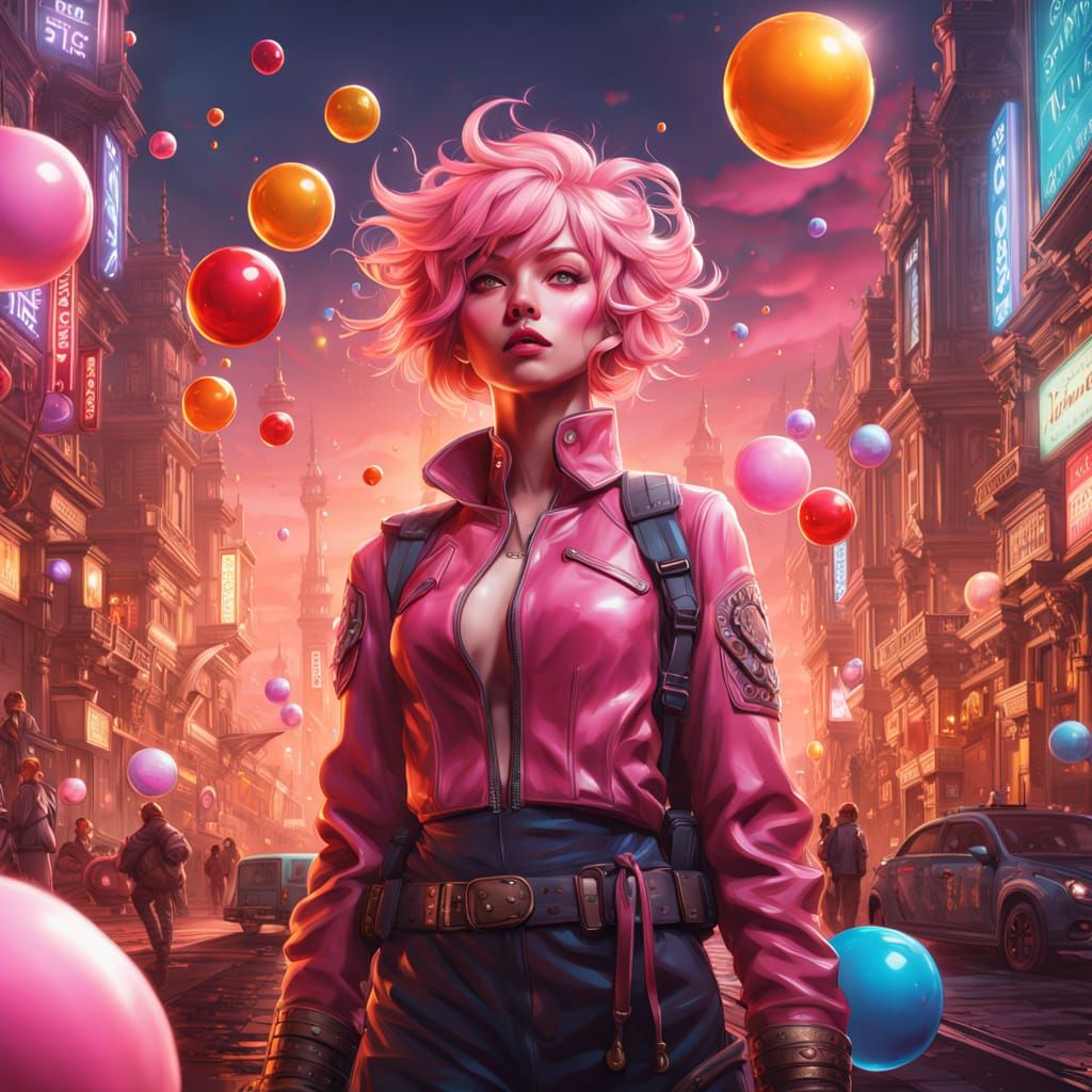 Pink Fantasy Goddess Blowing Bubbles in Space