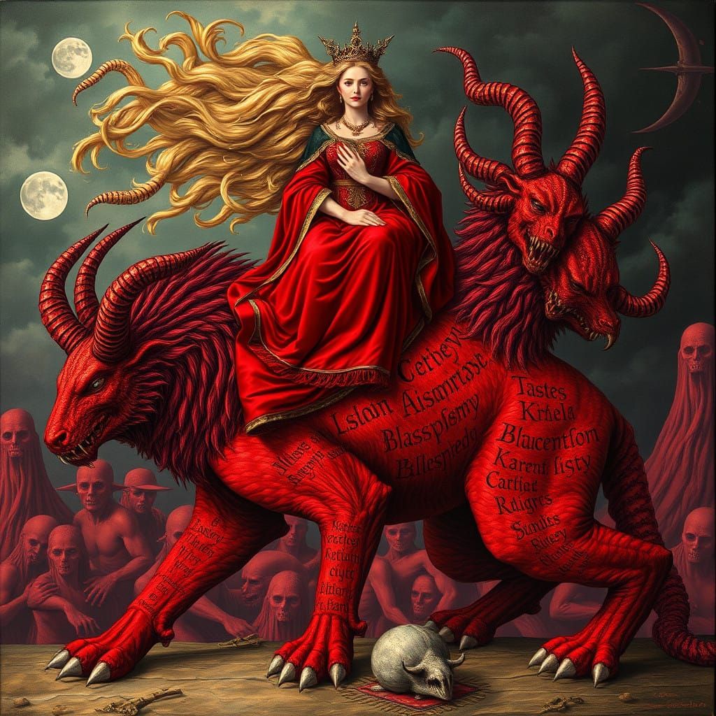 Regal Woman Sits atop a Fearsome, Seven-Headed Beast