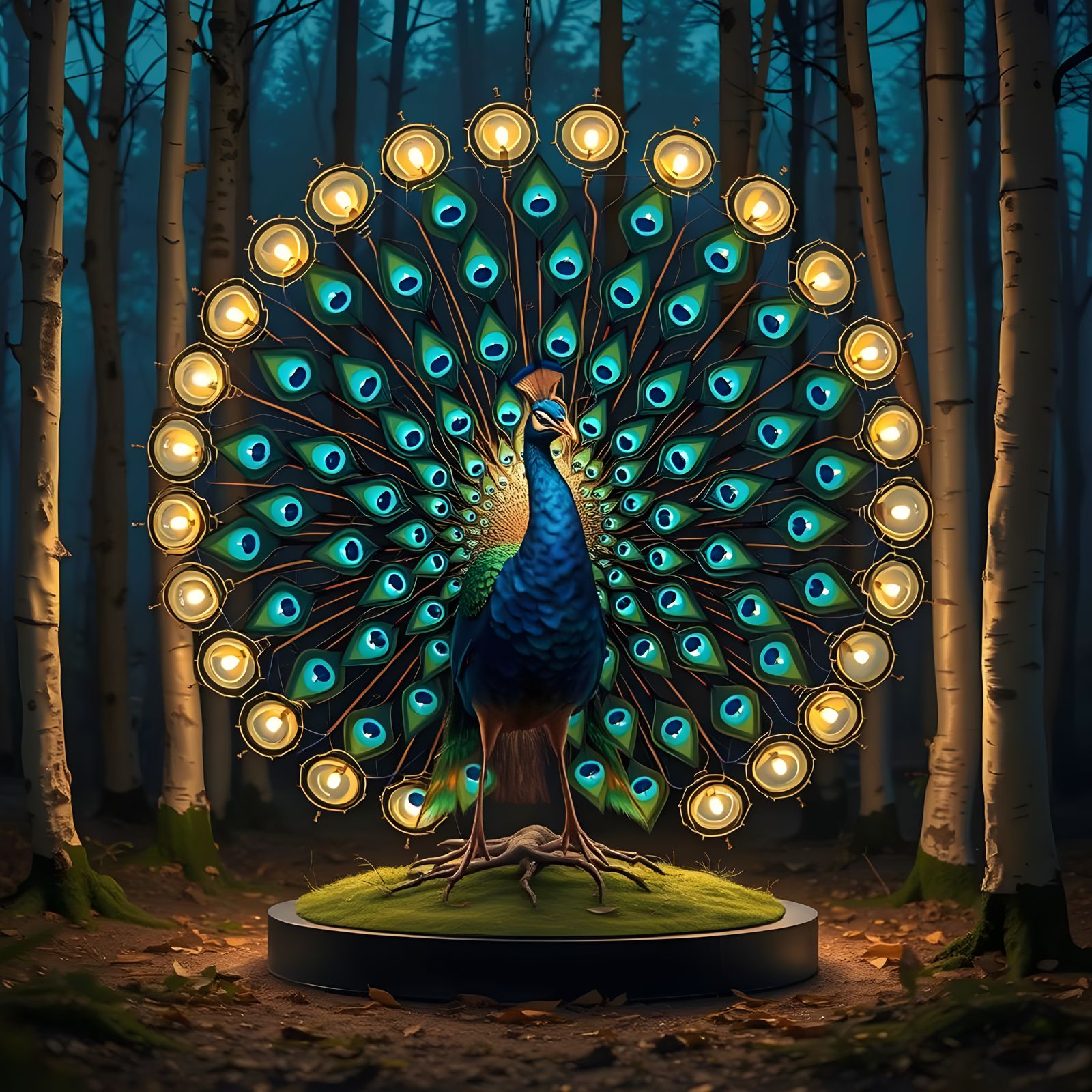Magical Peacock Lamps in Birch Clearing